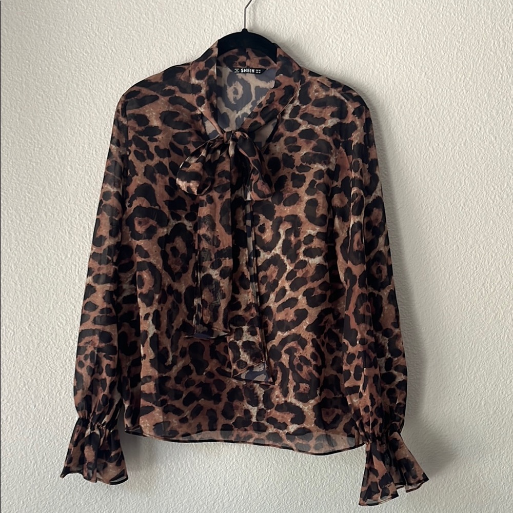 SHEIN Brown and Black Tie Front Blouse with Peter Pan Collar